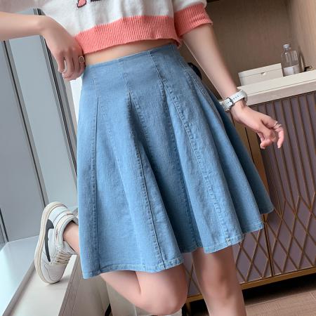 BY17903# 蓝色牛仔半身裙女春夏季新款a字短裙裤百褶女小个子伞裙子 服裝批發女裝批發服飾貨源