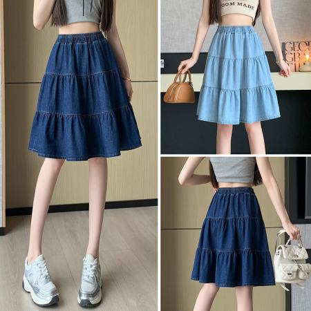 BY17904# 天丝牛仔半身裙女夏季新款小个子高腰a字百褶短裙五分中裙子 服裝批發女裝批發服飾貨源