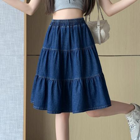 BY17904# 天丝牛仔半身裙女夏季新款小个子高腰a字百褶短裙五分中裙子 服裝批發女裝批發服飾貨源