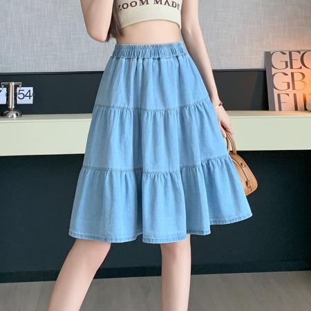 BY17904# 天丝牛仔半身裙女夏季新款小个子高腰a字百褶短裙五分中裙子 服裝批發女裝批發服飾貨源