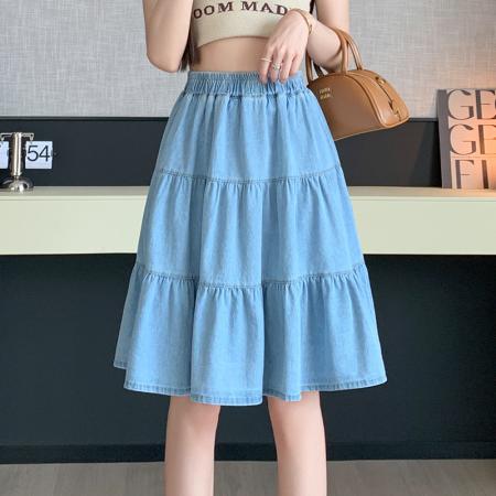 BY17904# 天丝牛仔半身裙女夏季新款小个子高腰a字百褶短裙五分中裙子 服裝批發女裝批發服飾貨源