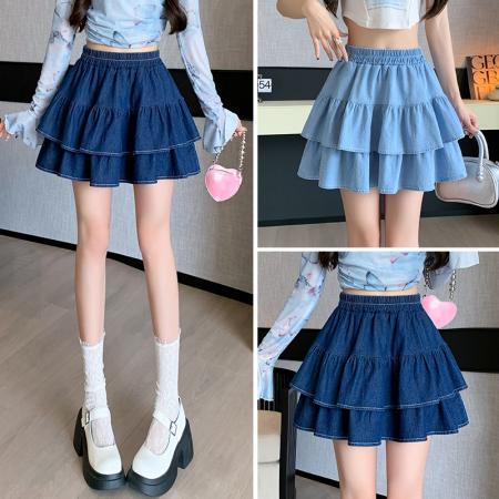 BY17905# 浅蓝色天丝牛仔半身裙女夏季新款显瘦蛋糕裙洋气高腰蓬蓬短裙 服裝批發女裝批發服飾貨源