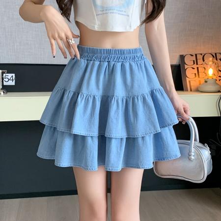 BY17905# 浅蓝色天丝牛仔半身裙女夏季新款显瘦蛋糕裙洋气高腰蓬蓬短裙 服裝批發女裝批發服飾貨源