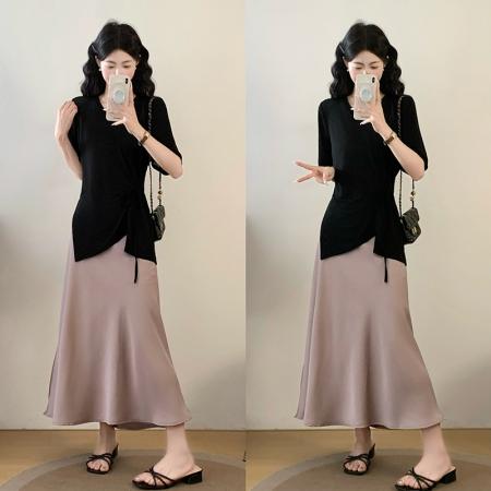 BY17906# 大码新款套装慵懒风时尚休闲简约短袖上衣醋酸鱼尾裙两件套 服裝批發女裝批發服飾貨源