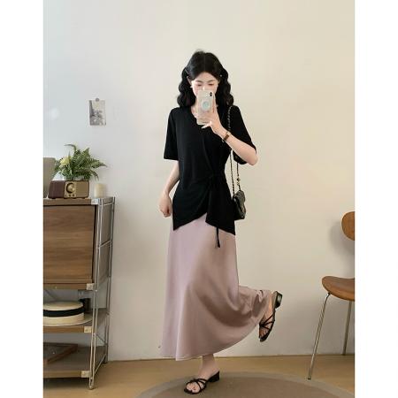 BY17906# 大码新款套装慵懒风时尚休闲简约短袖上衣醋酸鱼尾裙两件套 服裝批發女裝批發服飾貨源