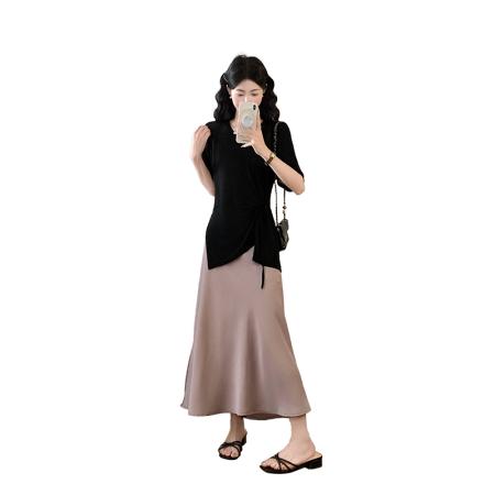 BY17906# 大码新款套装慵懒风时尚休闲简约短袖上衣醋酸鱼尾裙两件套 服裝批發女裝批發服飾貨源