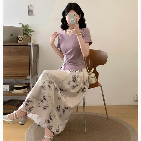 BY17907# 大码紫色不规则V领短袖蝴蝶正肩收腰上衣+新中式长款半身裙 服裝批發女裝批發服飾貨源