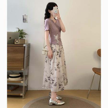 BY17907# 大码紫色不规则V领短袖蝴蝶正肩收腰上衣+新中式长款半身裙 服裝批發女裝批發服飾貨源