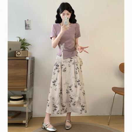 BY17907# 大码紫色不规则V领短袖蝴蝶正肩收腰上衣+新中式长款半身裙 服裝批發女裝批發服飾貨源