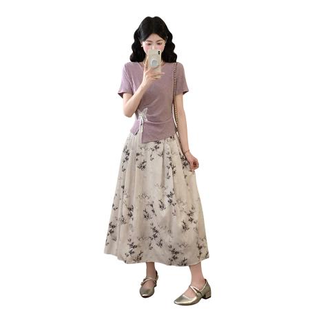 BY17907# 大码紫色不规则V领短袖蝴蝶正肩收腰上衣+新中式长款半身裙 服裝批發女裝批發服飾貨源