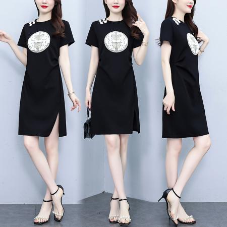 BY17908# 大码女装中国风盘扣T恤夏季新款时尚休闲短袖开叉连衣裙 服裝批發女裝批發服飾貨源