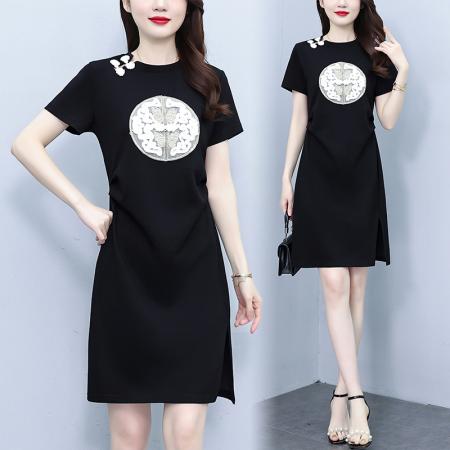 BY17908# 大码女装中国风盘扣T恤夏季新款时尚休闲短袖开叉连衣裙 服裝批發女裝批發服飾貨源