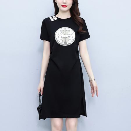 BY17908# 大码女装中国风盘扣T恤夏季新款时尚休闲短袖开叉连衣裙 服裝批發女裝批發服飾貨源