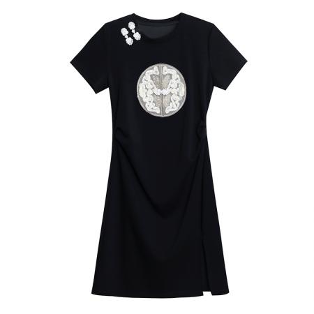 BY17908# 大码女装中国风盘扣T恤夏季新款时尚休闲短袖开叉连衣裙 服裝批發女裝批發服飾貨源