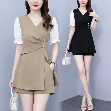BY17909# 大码女装夏季新款时尚韩版显瘦拼接V领开叉上衣+短裤俩件套装 服裝批發女裝批發服飾貨源