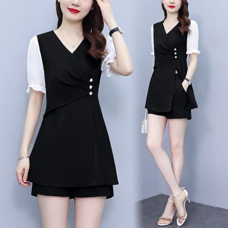 BY17909# 大码女装夏季新款时尚韩版显瘦拼接V领开叉上衣+短裤俩件套装 服裝批發女裝批發服飾貨源