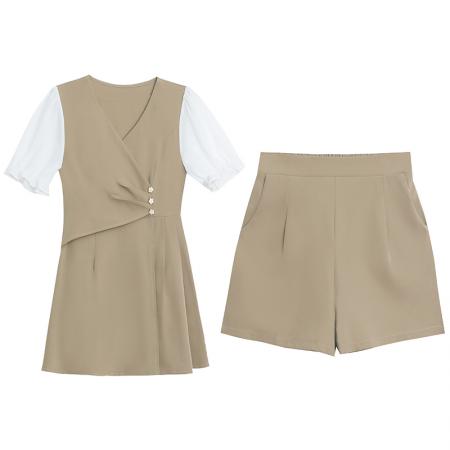 BY17909# 大码女装夏季新款时尚韩版显瘦拼接V领开叉上衣+短裤俩件套装 服裝批發女裝批發服飾貨源
