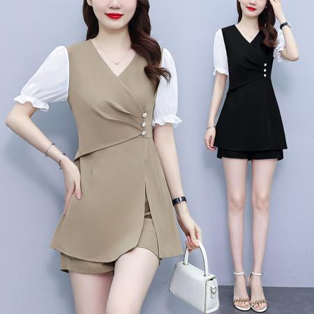 BY17909# 大码女装夏季新款时尚韩版显瘦拼接V领开叉上衣+短裤俩件套装 服裝批發女裝批發服飾貨源
