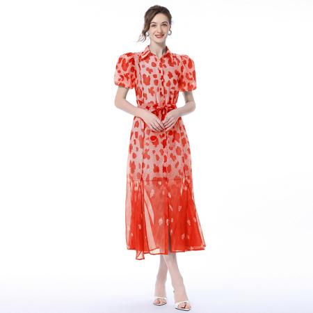 BY17910# 小众设计师款翻领豹纹连衣裙立体泡泡袖印花收腰系带A字裙长裙潮 服裝批發女裝批發服飾貨源