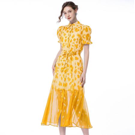 BY17910# 小众设计师款翻领豹纹连衣裙立体泡泡袖印花收腰系带A字裙长裙潮 服裝批發女裝批發服飾貨源