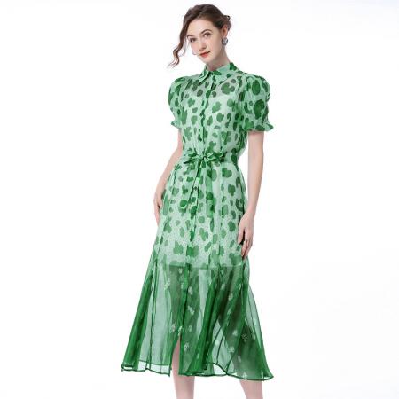 BY17910# 小众设计师款翻领豹纹连衣裙立体泡泡袖印花收腰系带A字裙长裙潮 服裝批發女裝批發服飾貨源