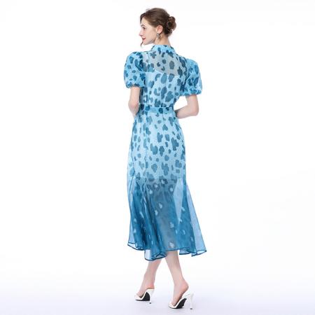 BY17910# 小众设计师款翻领豹纹连衣裙立体泡泡袖印花收腰系带A字裙长裙潮 服裝批發女裝批發服飾貨源