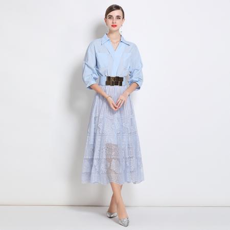 BY17911# 新款小众设计感衬衫连衣裙女御姐通勤减龄收腰蕾丝裙 服裝批發女裝批發服飾貨源