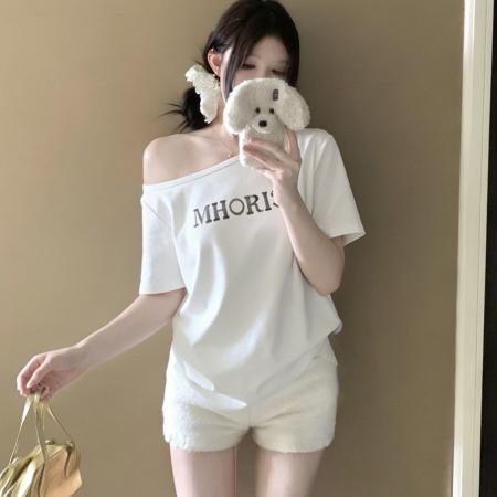 BY17912# 美式辣妹斜肩字母印花短袖T恤女 服裝批發女裝批發服飾貨源