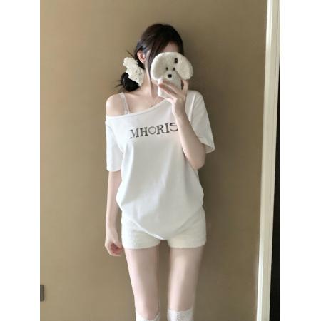 BY17912# 美式辣妹斜肩字母印花短袖T恤女 服裝批發女裝批發服飾貨源