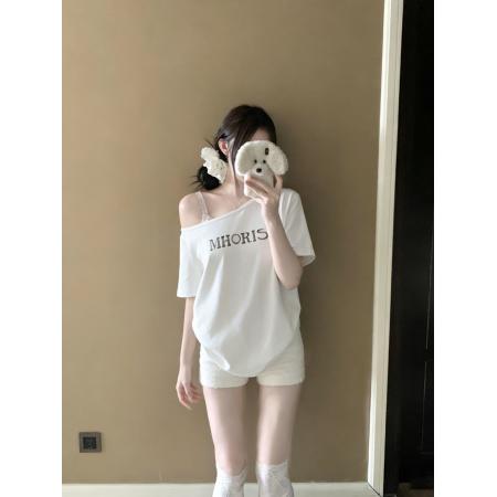 BY17912# 美式辣妹斜肩字母印花短袖T恤女 服裝批發女裝批發服飾貨源