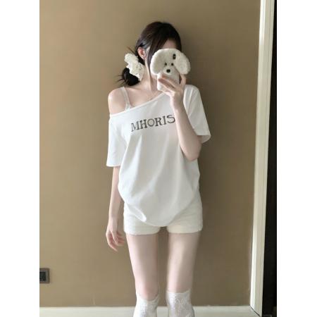 BY17912# 美式辣妹斜肩字母印花短袖T恤女 服裝批發女裝批發服飾貨源
