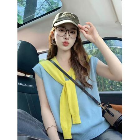 BY17914# 蓝色撞色拼接领带设计短袖t恤女夏季新款小众修身显瘦上衣女 服裝批發女裝批發服飾貨源