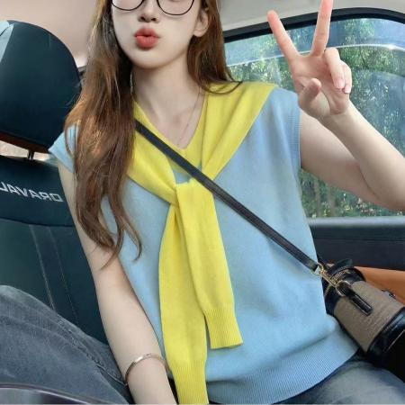 BY17914# 蓝色撞色拼接领带设计短袖t恤女夏季新款小众修身显瘦上衣女 服裝批發女裝批發服飾貨源