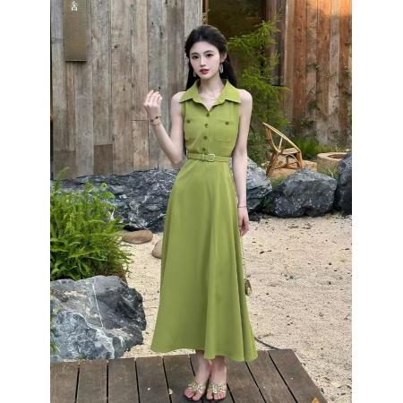 BY17915# 夏天巨好看的掐腰无袖衬衫领法式绿色连衣裙 服裝批發女裝批發服飾貨源