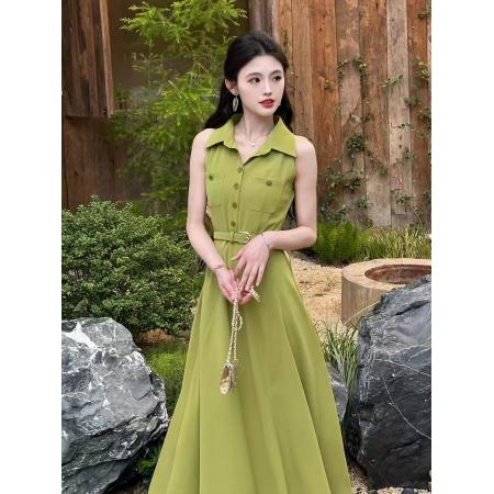 BY17915# 夏天巨好看的掐腰无袖衬衫领法式绿色连衣裙 服裝批發女裝批發服飾貨源