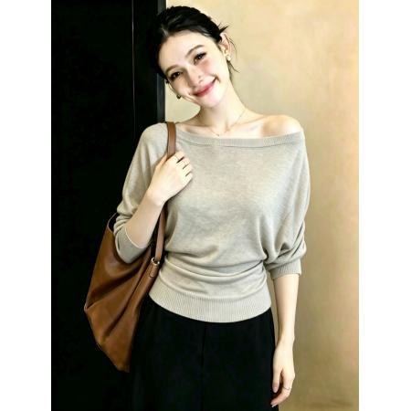 BY17918# ～胖MM大码微透五分袖针织T恤设计感蝙蝠袖显瘦上衣 服裝批發女裝批發服飾貨源