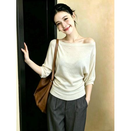 BY17918# ～胖MM大码微透五分袖针织T恤设计感蝙蝠袖显瘦上衣 服裝批發女裝批發服飾貨源