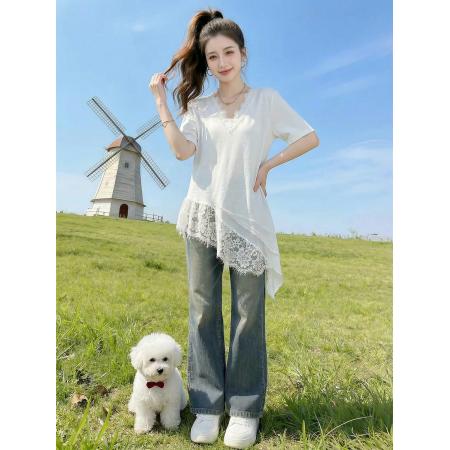 BY17921# 大码女装韩版蕾丝拼接短袖上衣显瘦遮肉不规则叠穿T恤 服裝批發女裝批發服飾貨源