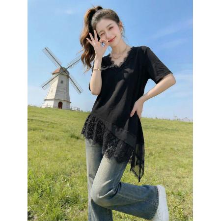 BY17921# 大码女装韩版蕾丝拼接短袖上衣显瘦遮肉不规则叠穿T恤 服裝批發女裝批發服飾貨源
