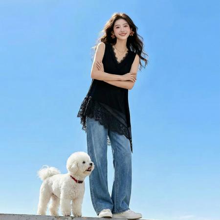 BY17923# 大码女装韩版新款设计小众蕾丝拼接不规则显瘦休闲百搭上衣 服裝批發女裝批發服飾貨源