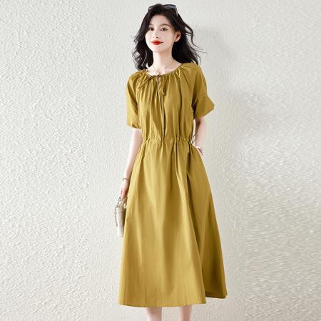 BY17925# 松弛感中袖长裙新款夏季休闲风纯棉单层扣绳收腰连衣裙 服裝批發女裝批發服飾貨源