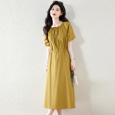 BY17925# 松弛感中袖长裙新款夏季休闲风纯棉单层扣绳收腰连衣裙 服裝批發女裝批發服飾貨源