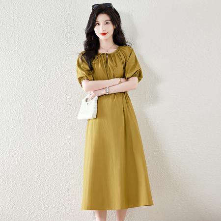 BY17925# 松弛感中袖长裙新款夏季休闲风纯棉单层扣绳收腰连衣裙 服裝批發女裝批發服飾貨源