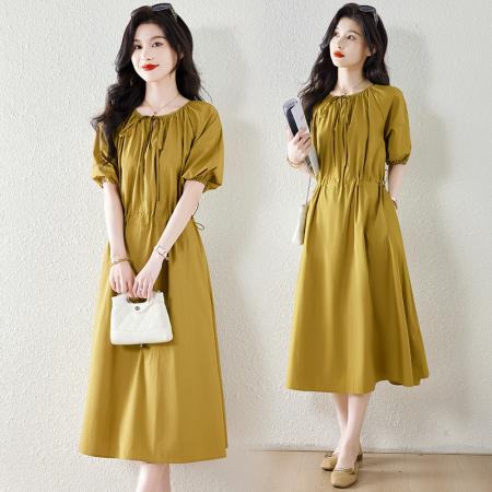 BY17925# 松弛感中袖长裙新款夏季休闲风纯棉单层扣绳收腰连衣裙 服裝批發女裝批發服飾貨源