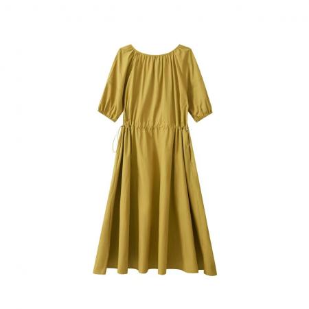 BY17925# 松弛感中袖长裙新款夏季休闲风纯棉单层扣绳收腰连衣裙 服裝批發女裝批發服飾貨源