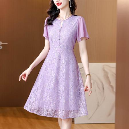 BY17926# 紫色提花蕾丝连衣裙夏季新款茶歇高级感喇叭袖A字中长裙 服裝批發女裝批發服飾貨源