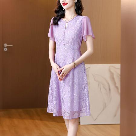 BY17926# 紫色提花蕾丝连衣裙夏季新款茶歇高级感喇叭袖A字中长裙 服裝批發女裝批發服飾貨源