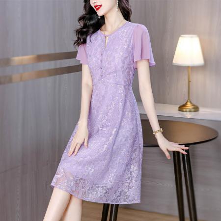 BY17926# 紫色提花蕾丝连衣裙夏季新款茶歇高级感喇叭袖A字中长裙 服裝批發女裝批發服飾貨源