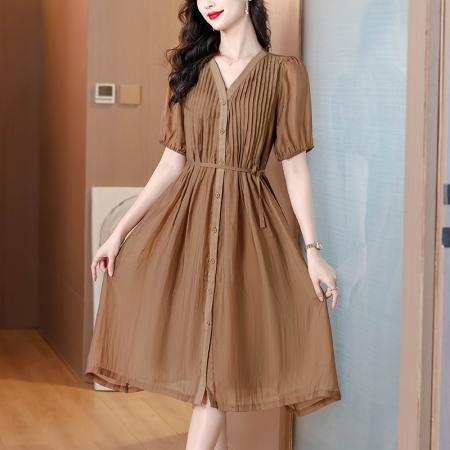 BY17927# 时尚褶皱连衣裙女夏季新款V领简约长裙欧货减龄女装 服裝批發女裝批發服飾貨源