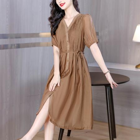 BY17927# 时尚褶皱连衣裙女夏季新款V领简约长裙欧货减龄女装 服裝批發女裝批發服飾貨源